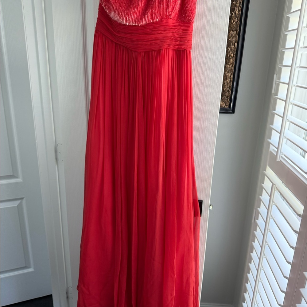 Aidan Mattox coral Ruched Strapless Gown